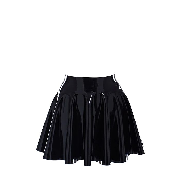 Ein Latex-Faltenrock im Fit-and-Flare-Stil mit einem kleinen Gürtel. Für das Anziehen sind kein Reißverschluss oder Verschluss erforderlich.