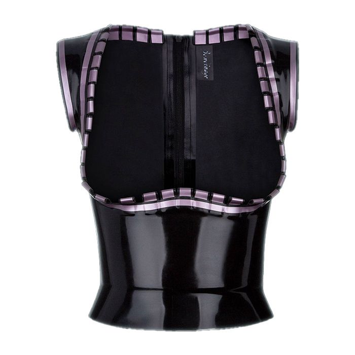 Ärmelloses, brustfreies Top aus schwerem Latex. Besondere Details verlaufen vom Kragen bis unter die Brust. Rückenreißverschluss.