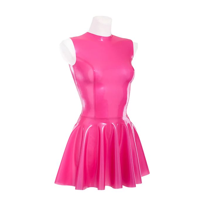 Ein wunderschönes, figurbetontes und ausgestelltes Latexkleid, das perfekt die Körperlinien betont, ohne die Brust platt zu machen. Mit einem Reißverschluss am Rücken um das Anziehen zu erleichtern.